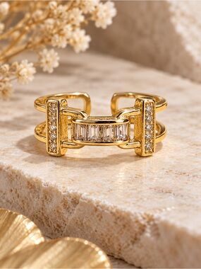 Gold Tone Open Adjustable Baguette Crystal Statement Ring